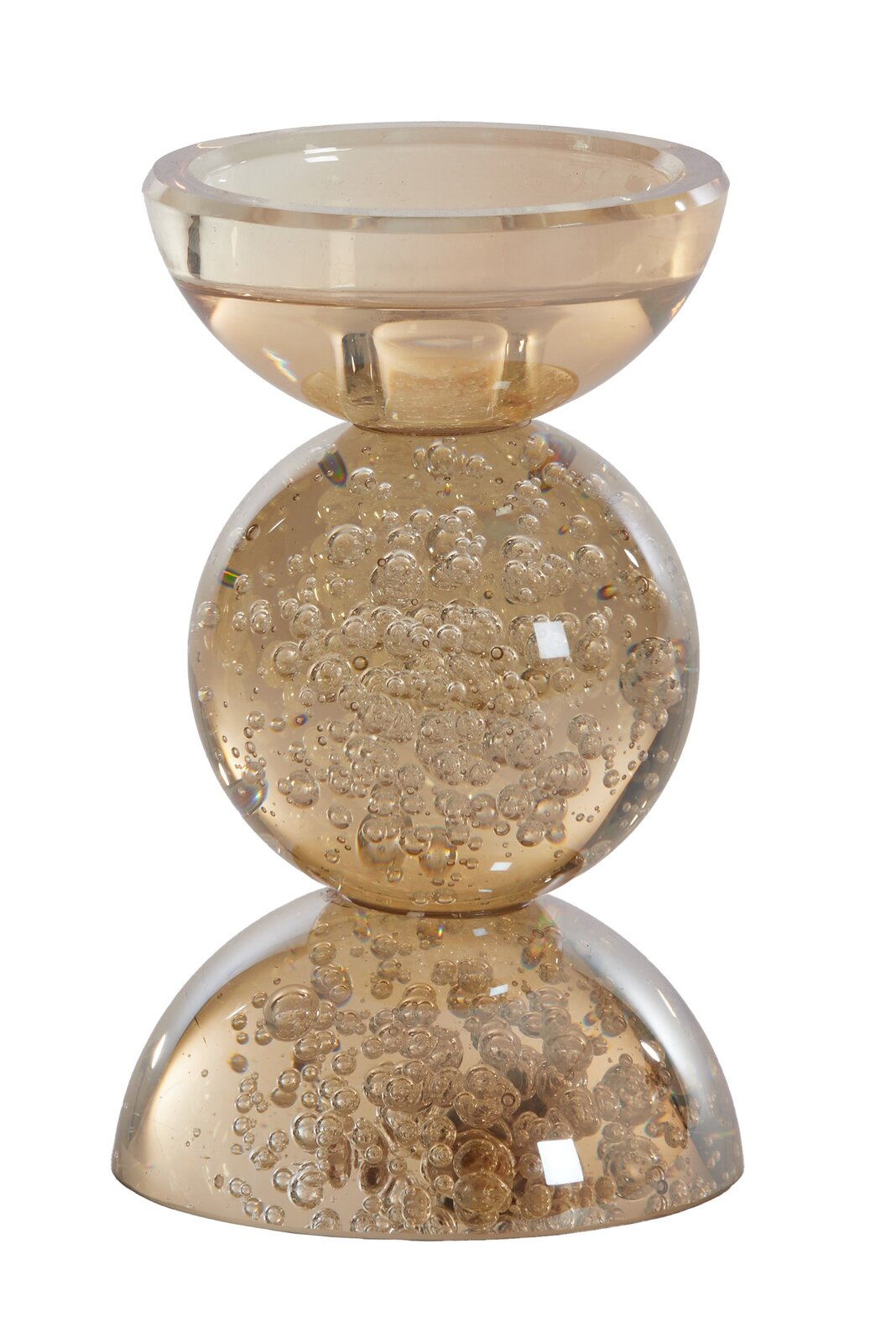 Transparenter Kerzenhalter mit eingeschlossenen Luftblasen, seitliche Perspektive