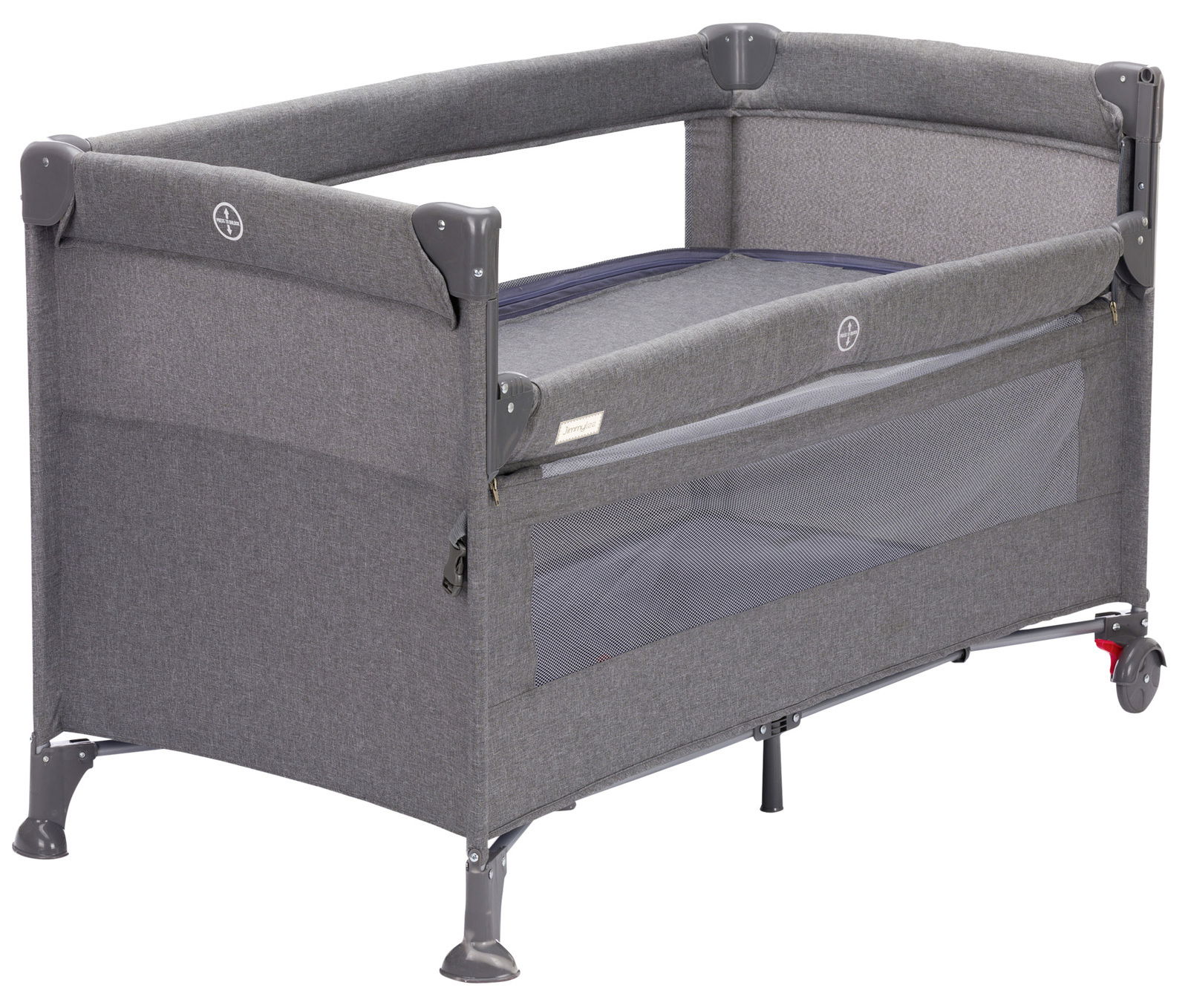 JIMMYLEE Reisebett Graues Reisebett mit Netzseitenteilen, seitlicher Blick