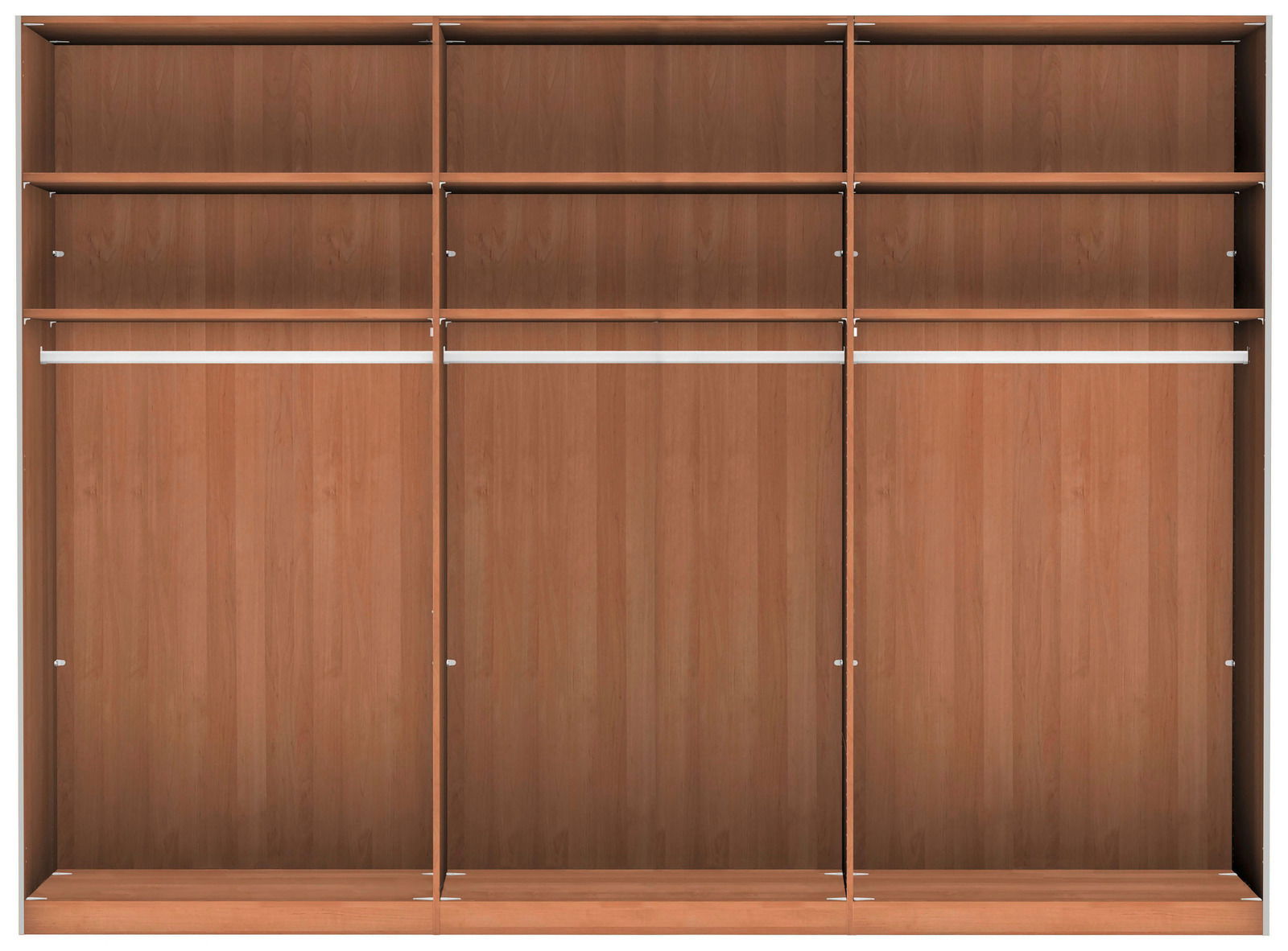 Frontale Ansicht eines dreitürigen Schwebetürenschranks aus Holz mit mehreren Fächern und Kleiderstangen.