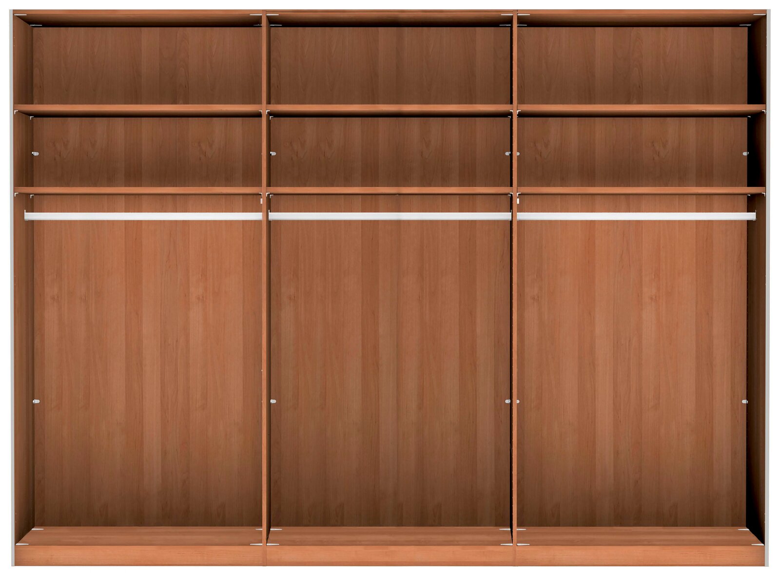 Frontale Ansicht eines dreitürigen Schwebetürenschranks aus Holz mit mehreren Fächern und Kleiderstangen.