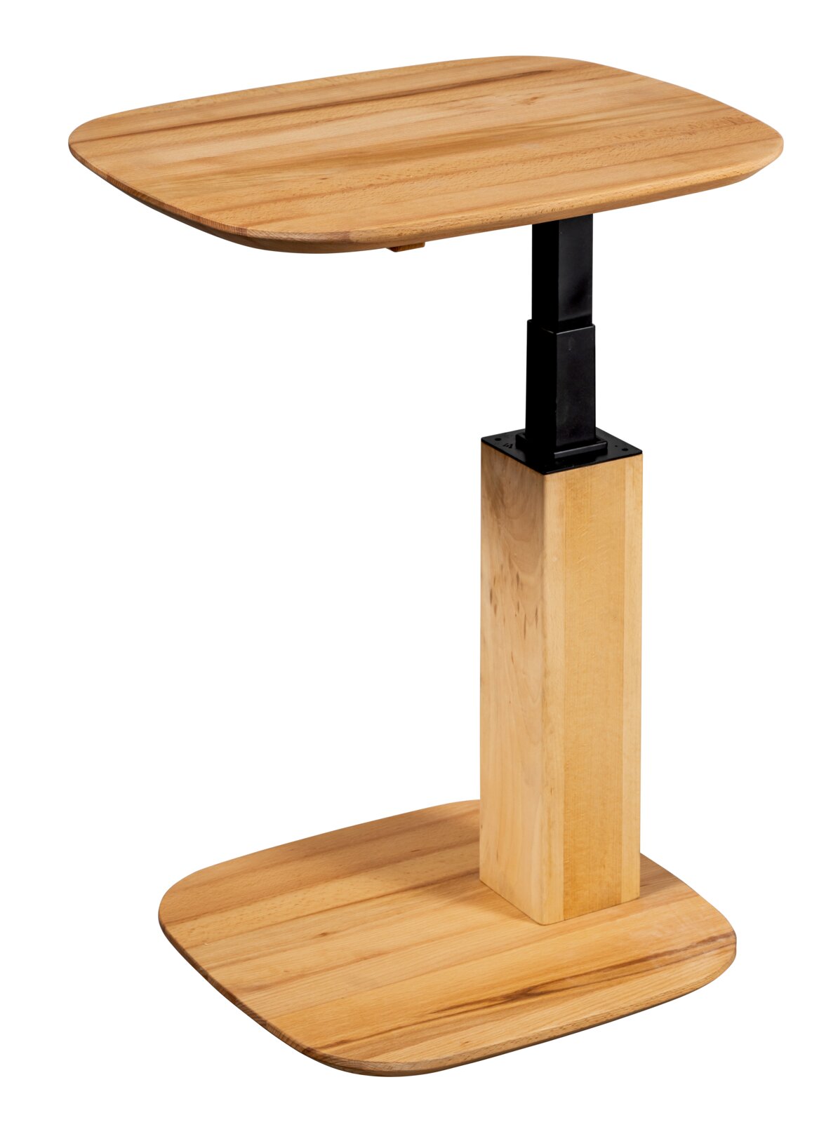 Moderne houten bijzettafel met verstelbare hoogte, zijaanzicht