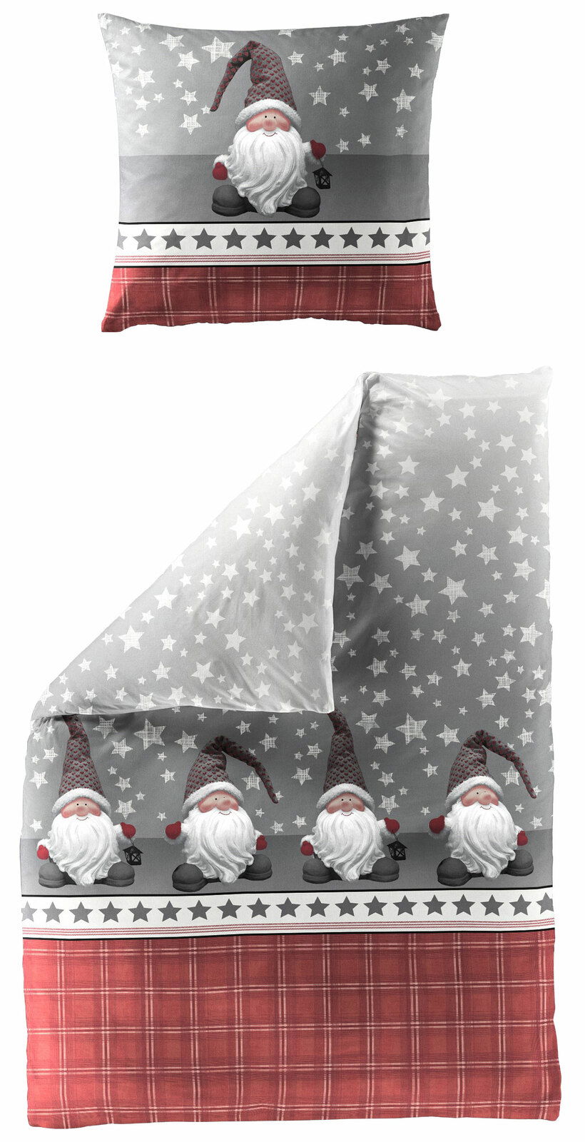 Bettwäsche-Set mit weihnachtlichem Design, bestehend aus einem Kissenbezug und einem Deckenbezug, verziert mit niedlichen Weihnachtswichteln und Sternen auf grauem Hintergrund, kombiniert mit einem rot karierten Muster. Ansicht von oben.