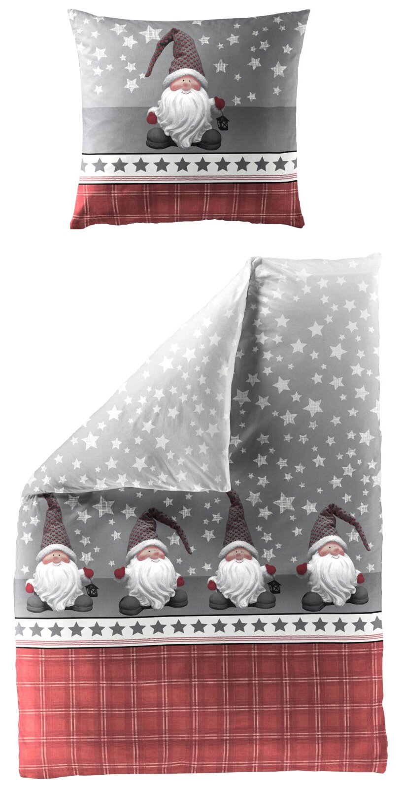 Bettwäsche-Set mit weihnachtlichem Design, bestehend aus einem Kissenbezug und einem Deckenbezug, verziert mit niedlichen Weihnachtswichteln und Sternen auf grauem Hintergrund, kombiniert mit einem rot karierten Muster. Ansicht von oben.