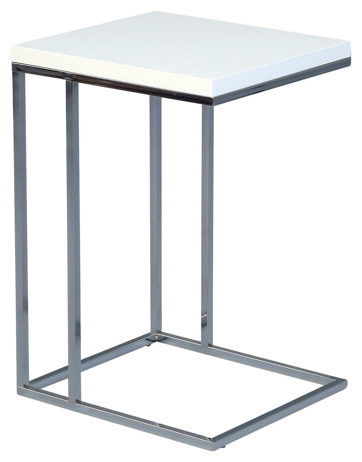 Moderner Beistelltisch mit weißer Tischplatte und verchromtem Metallgestell, seitliche Perspektive