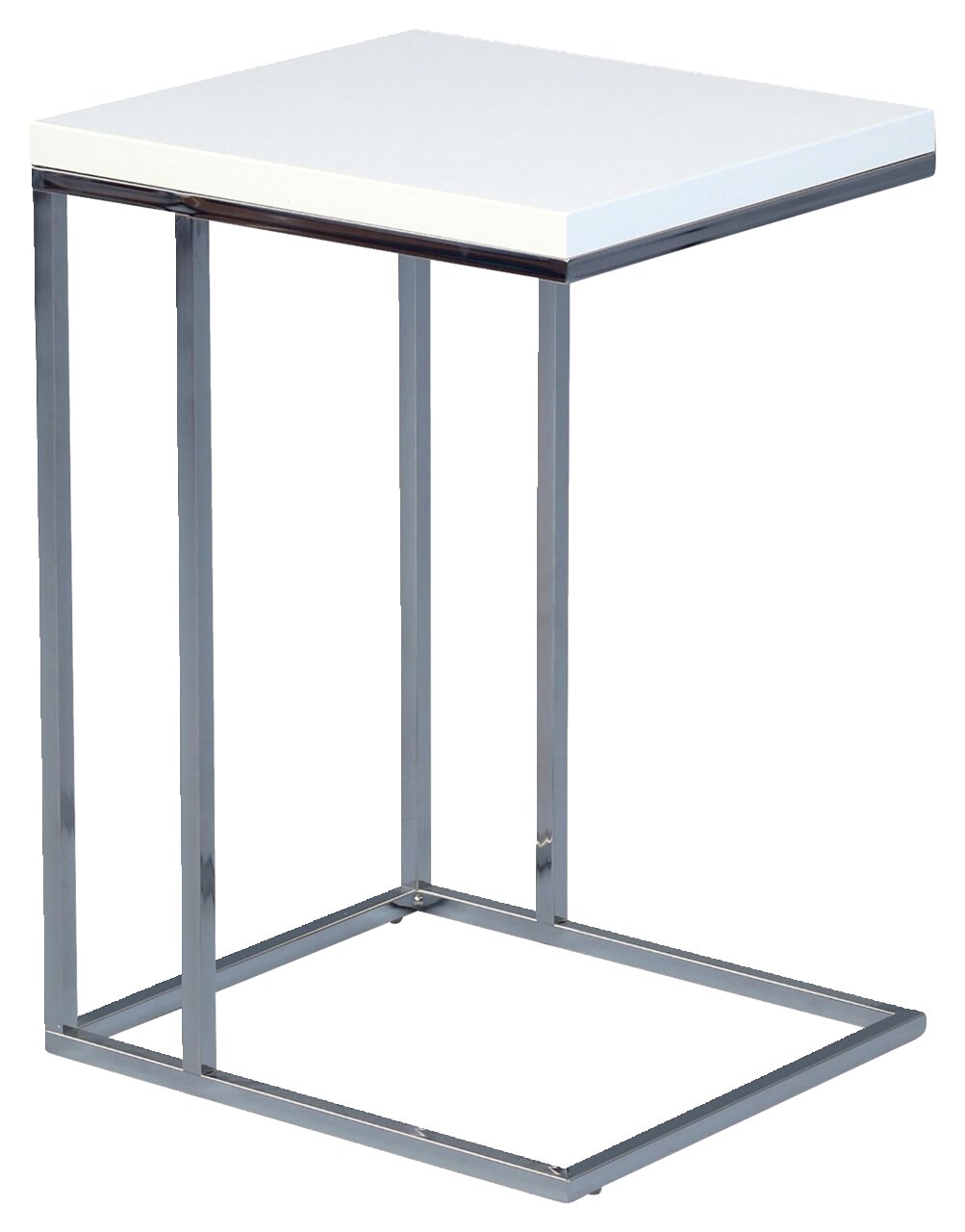Moderner Beistelltisch mit weißer Tischplatte und verchromtem Metallgestell, seitliche Perspektive