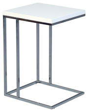 Moderner Beistelltisch mit weißer Tischplatte und verchromtem Metallgestell, seitliche Perspektive