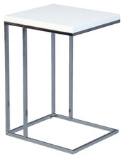 Moderne bijzettafel met wit tafelblad en verchroomd metalen onderstel, zijaanzicht