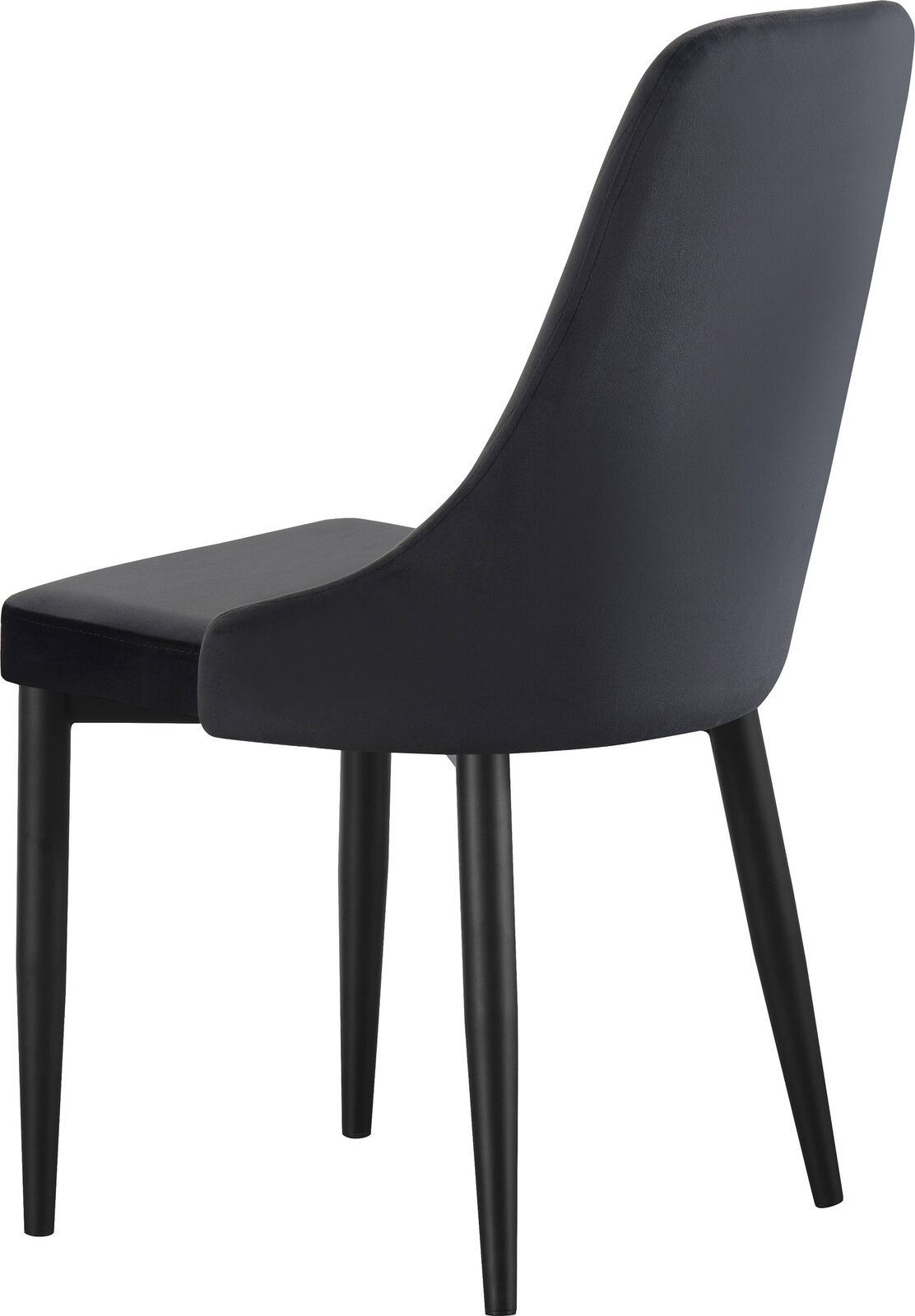 Schwarzer Polsterstuhl mit hoher Rückenlehne und vier schwarzen Beinen, seitliche Rückansicht vor weißem Hintergrund