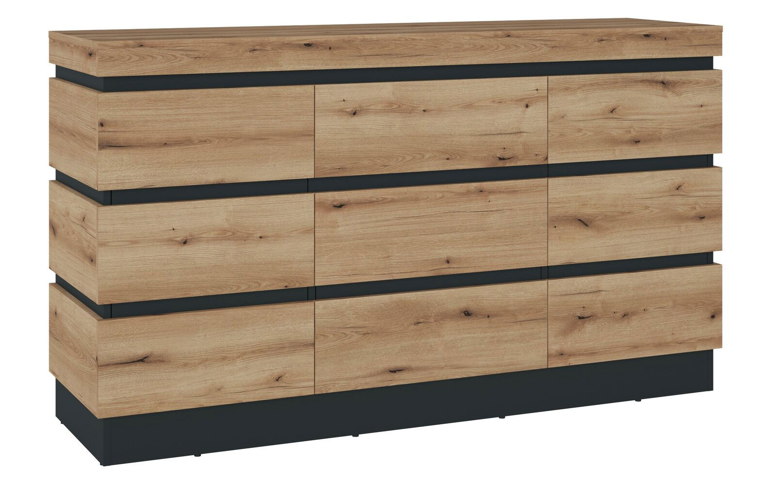 Z2 Sideboard Corte Frontale Ansicht eines modernen Sideboards aus Holz mit klaren Linien und dunklen Akzenten.