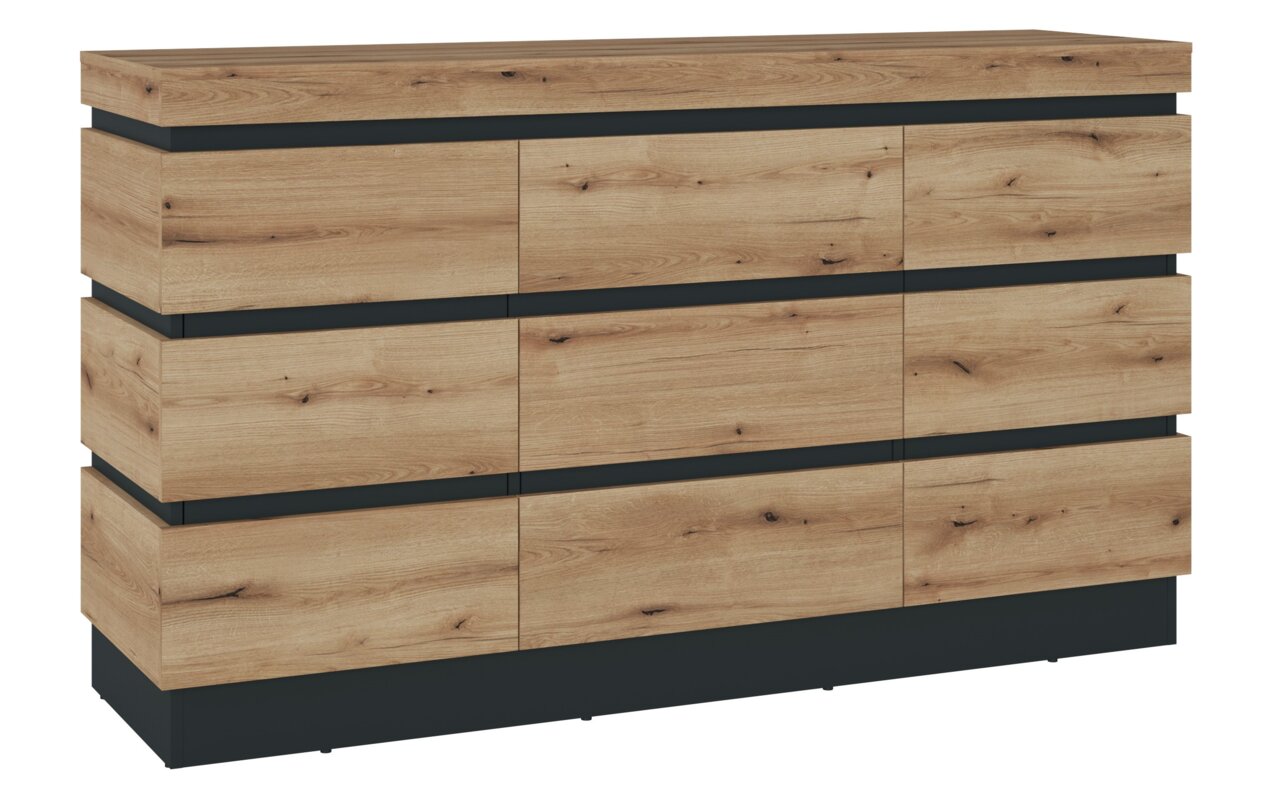 Vooraanzicht van een modern houten dressoir met strakke lijnen en donkere accenten.