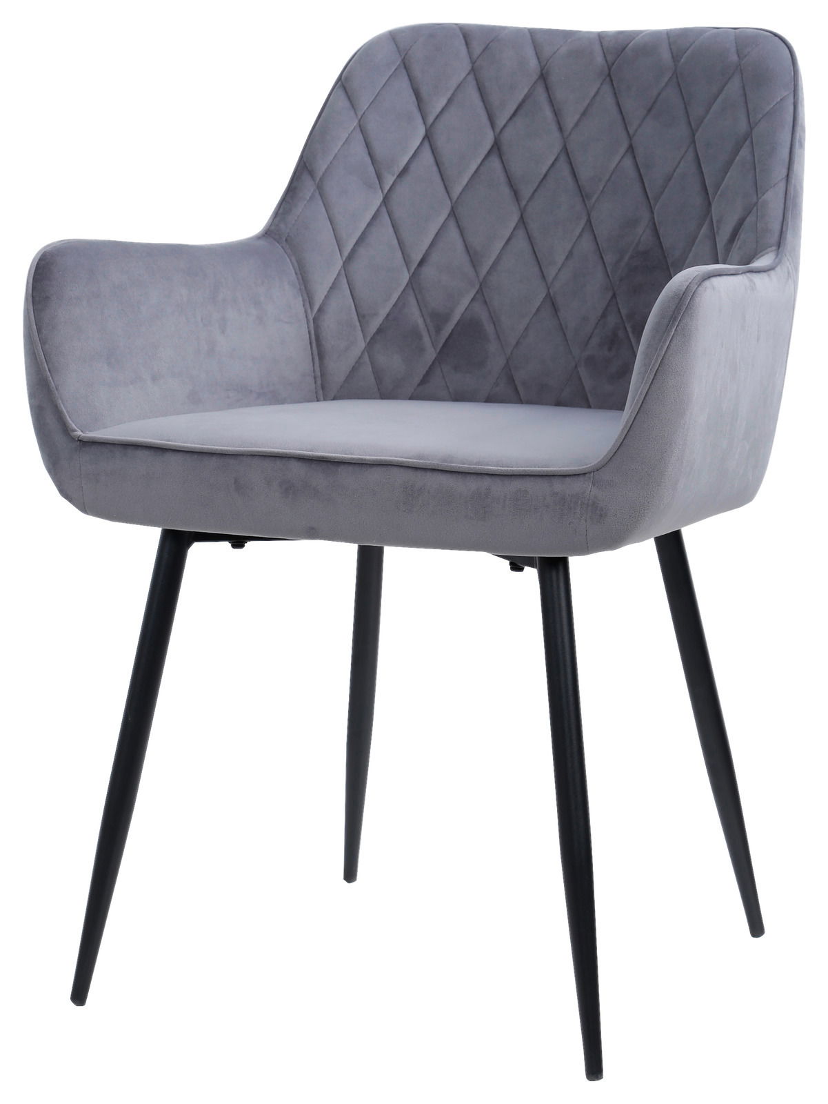 Grauer Armlehnstuhl mit gesteppter Rückenlehne, seitliche Perspektive