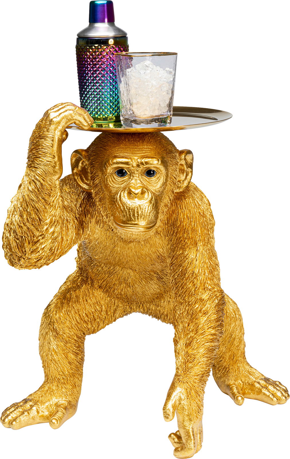 Goldene Deko-Figur eines Affen in Butler-Pose, der ein Tablett mit einem Cocktailshaker und einem Glas Eis trägt, Frontalansicht.
