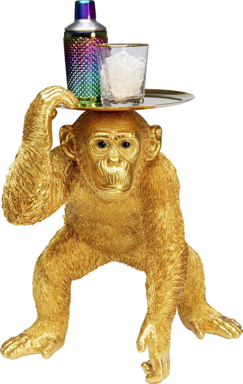 Goldene Deko-Figur eines Affen in Butler-Pose, der ein Tablett mit einem Cocktailshaker und einem Glas Eis trägt, Frontalansicht.