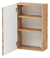Hängeschrank aus Holz mit geöffneter Tür, zwei Regalböden und seitlicher Perspektive
