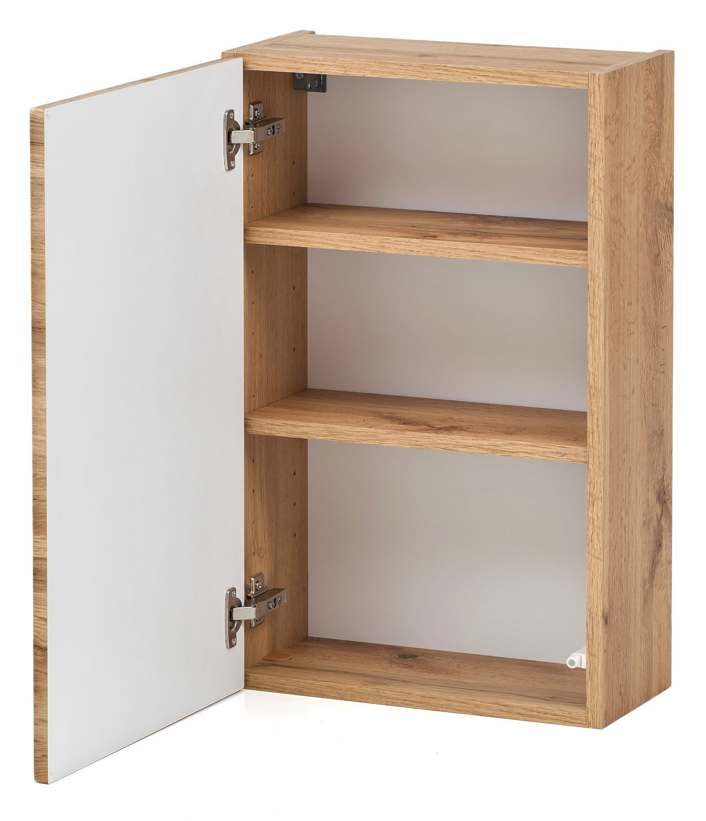 Hängeschrank aus Holz mit geöffneter Tür, zwei Regalböden und seitlicher Perspektive
