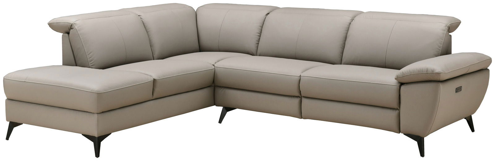 Eckgarnitur in hellgrauem Leder mit linker Ottomane und rechter Zweisitzer, Perspektive von vorne links