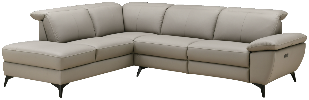 Eckgarnitur in hellgrauem Leder mit linker Ottomane und rechter Zweisitzer, Perspektive von vorne links