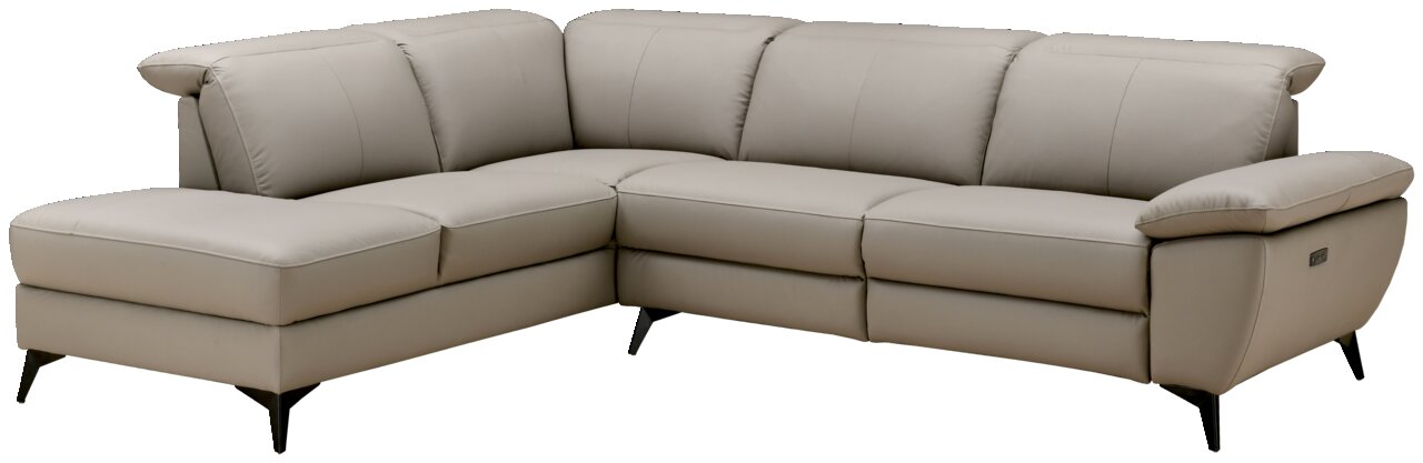 XORA Ecksofa PARIS Eckgarnitur in hellgrauem Leder mit linker Ottomane und rechter Zweisitzer, Perspektive von vorne links