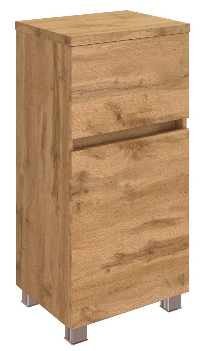 Holzfarbener Unterschrank mit zwei Schubladen, perspektivisch von vorne links gesehen