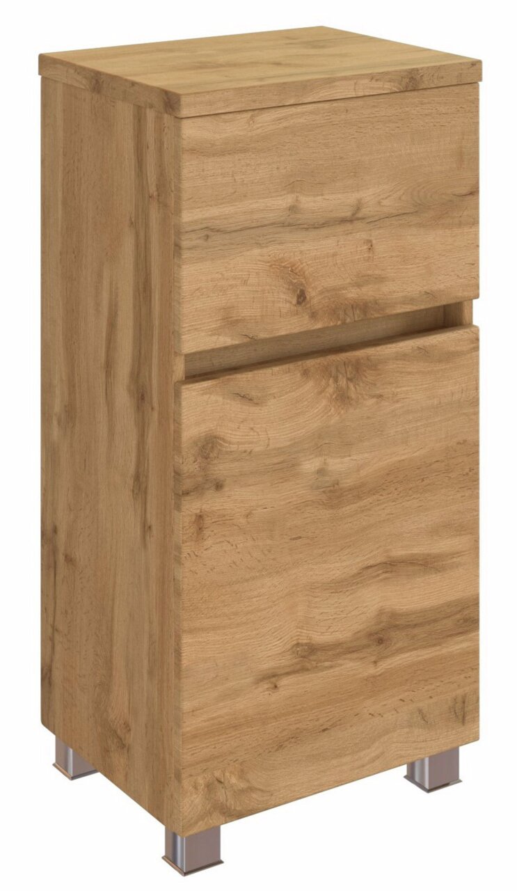 Holzfarbener Unterschrank mit zwei Schubladen, perspektivisch von vorne links gesehen