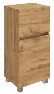 Holzfarbener Unterschrank mit zwei Schubladen, perspektivisch von vorne links gesehen