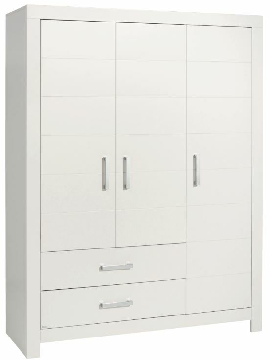 Weißer Kleiderschrank mit drei Türen und zwei Schubladen, frontale Perspektive