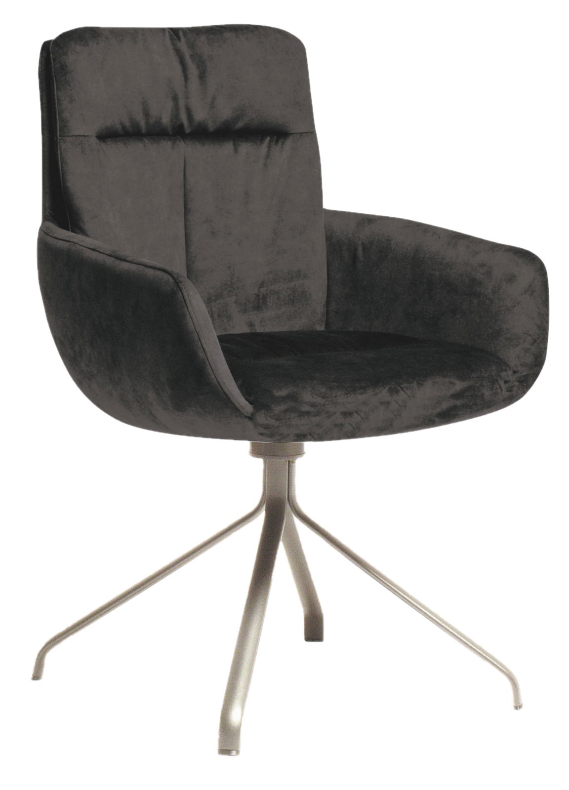 Moderner schwarzer Stuhl mit Samtbezug und Metallgestell, seitliche Perspektive