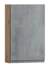 Moderner Hängeschrank mit grauer Front und Holzseiten, Frontalansicht