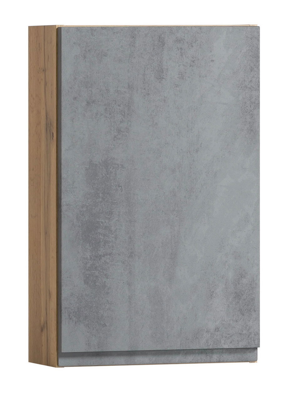 Moderner Hängeschrank mit grauer Front und Holzseiten, Frontalansicht