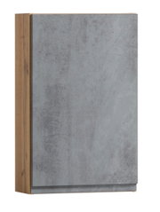 Moderner Hängeschrank mit grauer Front und Holzseiten, Frontalansicht
