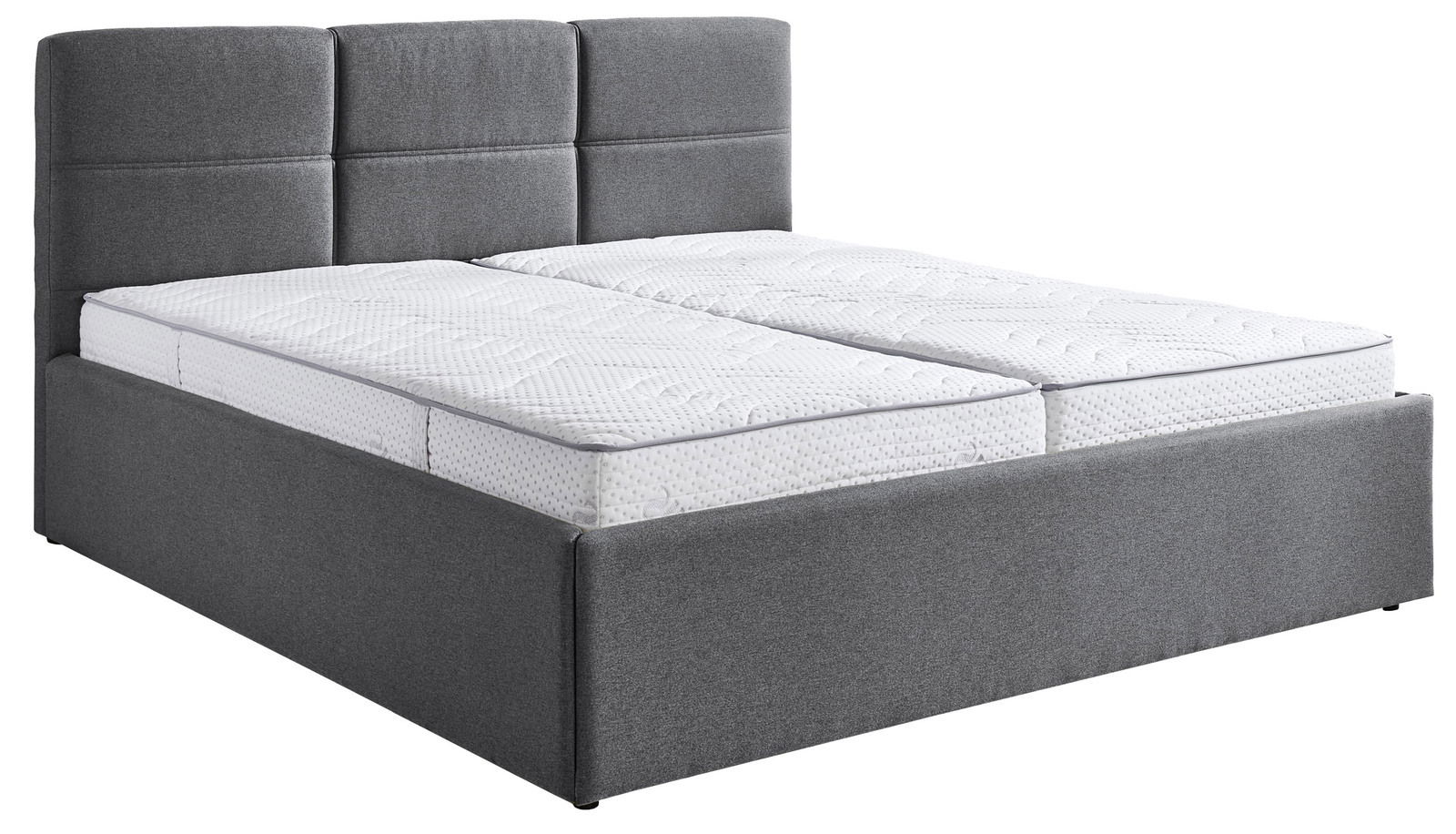 Graues Polsterbett 180x200 cm mit hohem Kopfteil, seitliche Perspektive