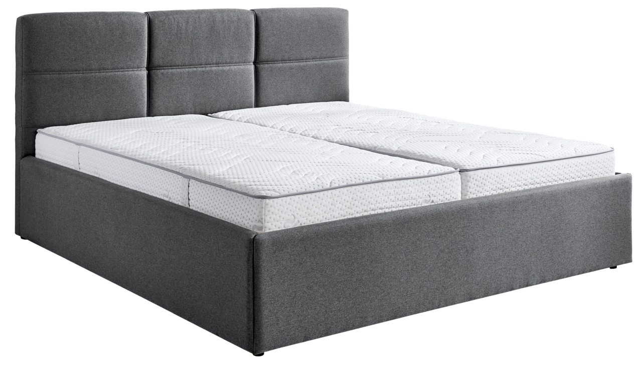 Graues Polsterbett 180x200 cm mit hohem Kopfteil, seitliche Perspektive