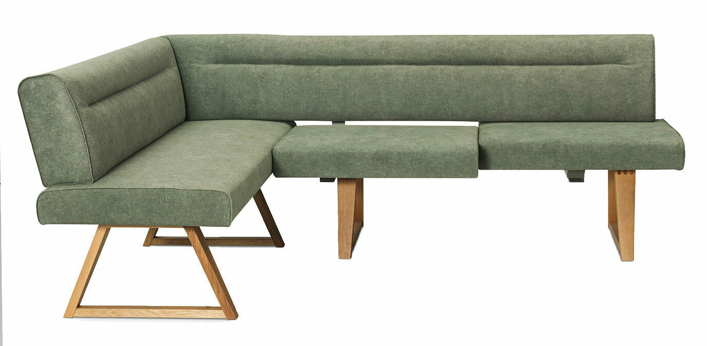 Grüne Eckbank mit Holzbeinen, seitliche Perspektive
