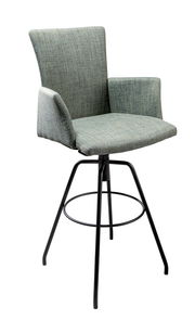 Moderner Barhocker mit gepolstertem Sitz und Rückenlehne in grauem Stoff, schwarzem Metallgestell und Fußstütze, seitliche Perspektive