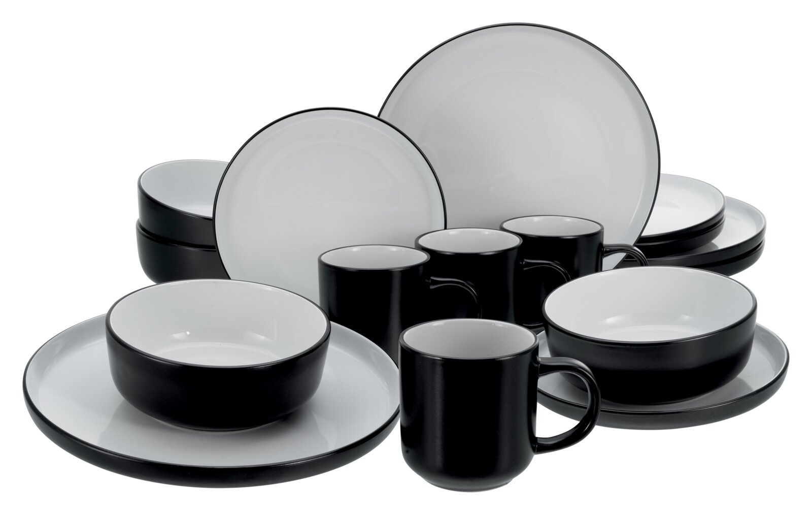 Creatable Kombiservice 16-tlg NORDIC Schwarz-weißes Geschirrset mit Tellern, Schüsseln und Bechern, schräg von vorne in leichter Aufsicht fotografiert.