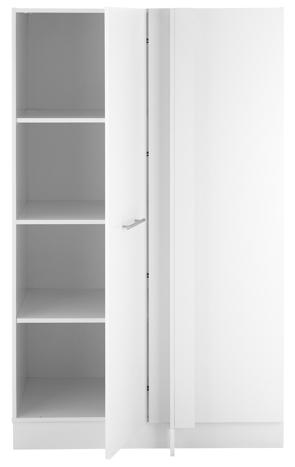 Weißer Eckschrank mit geöffneter Tür, zeigt mehrere Regalböden, Frontalansicht