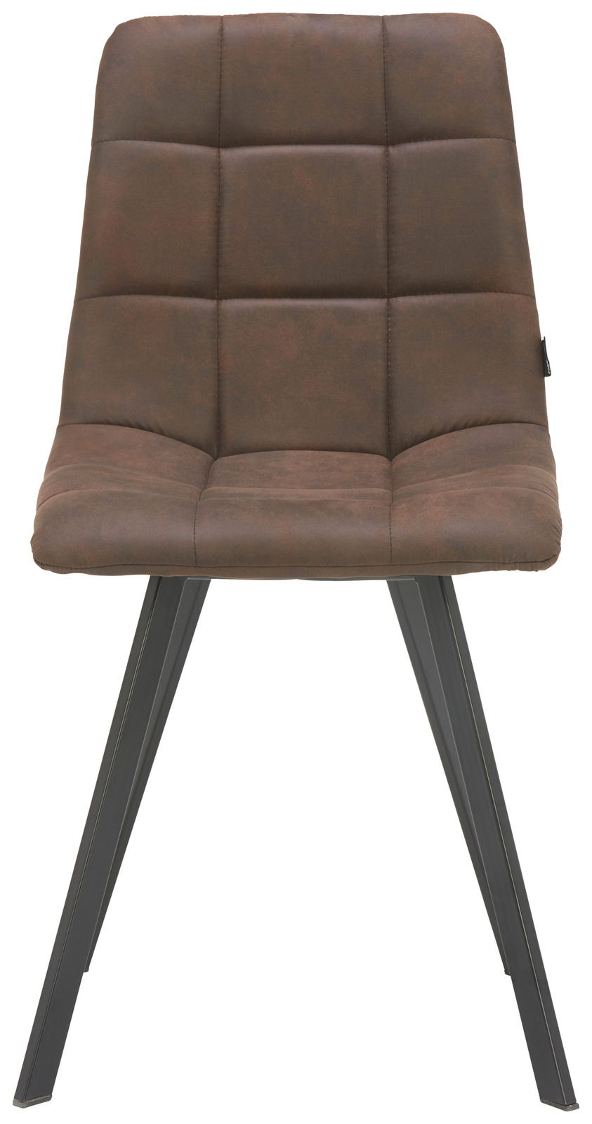 Moderner brauner Stuhl mit gepolsterter Sitzfläche und Metallbeinen, Frontalansicht