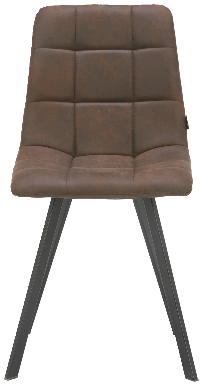 Moderner brauner Stuhl mit gepolsterter Sitzfläche und Metallbeinen, Frontalansicht