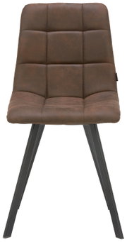 Moderner brauner Stuhl mit gepolsterter Sitzfläche und Metallbeinen, Frontalansicht