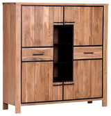 Hochwertiges Highboard aus Holz mit schwarzem Metallrahmen, zwei Schubladen und mehreren Türen, frontale Perspektive