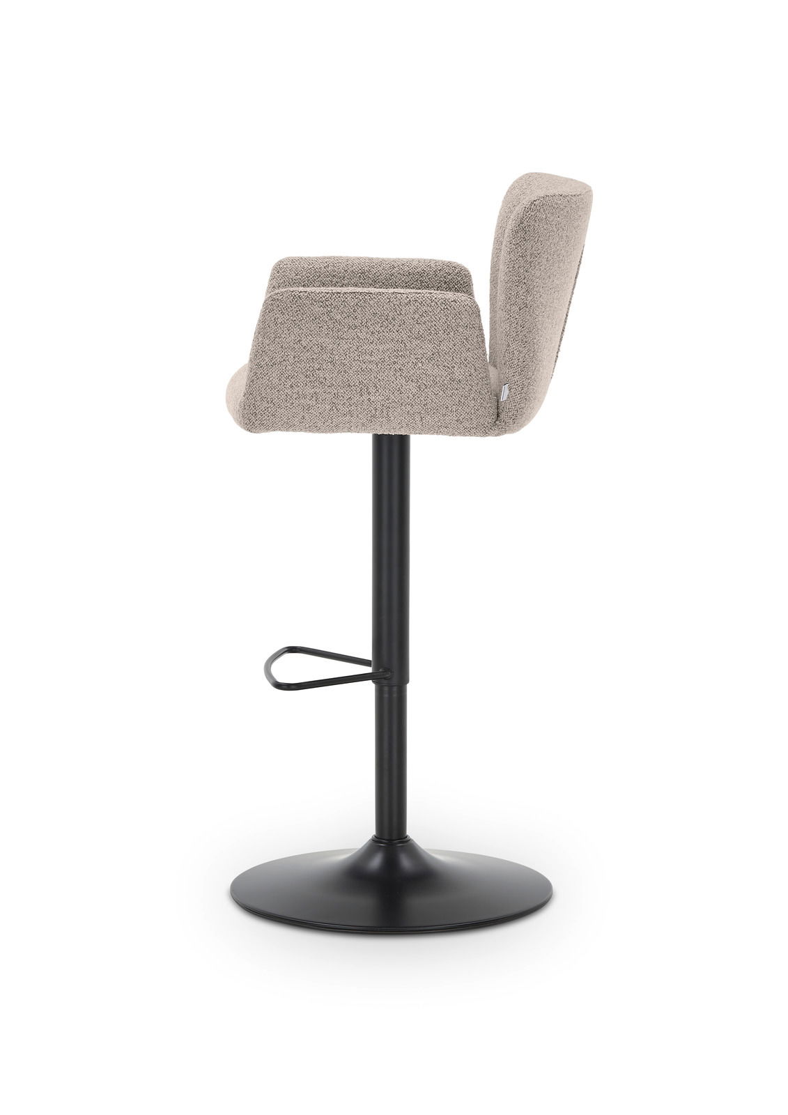 Seitenansicht eines modernen Barhockers mit schwarzem Metallfuß und hellgrauem gepolstertem Sitz.
