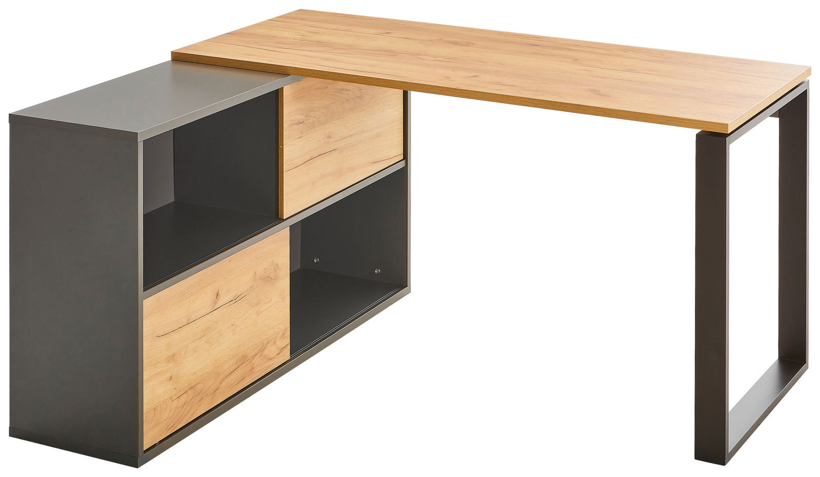 Moderner Winkelschreibtisch RENTON mit Holz- und Metallelementen, seitliche Perspektive