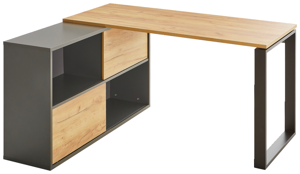 Moderner Winkelschreibtisch RENTON mit Holz- und Metallelementen, seitliche Perspektive