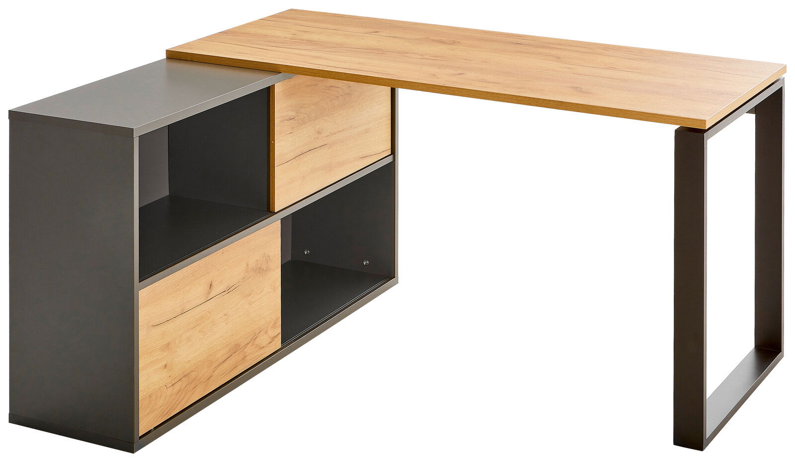 Moderner Winkelschreibtisch RENTON mit Holz- und Metallelementen, seitliche Perspektive