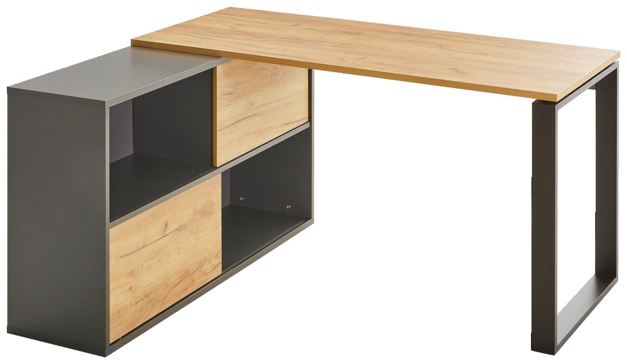 Moderner Winkelschreibtisch RENTON mit Holz- und Metallelementen, seitliche Perspektive