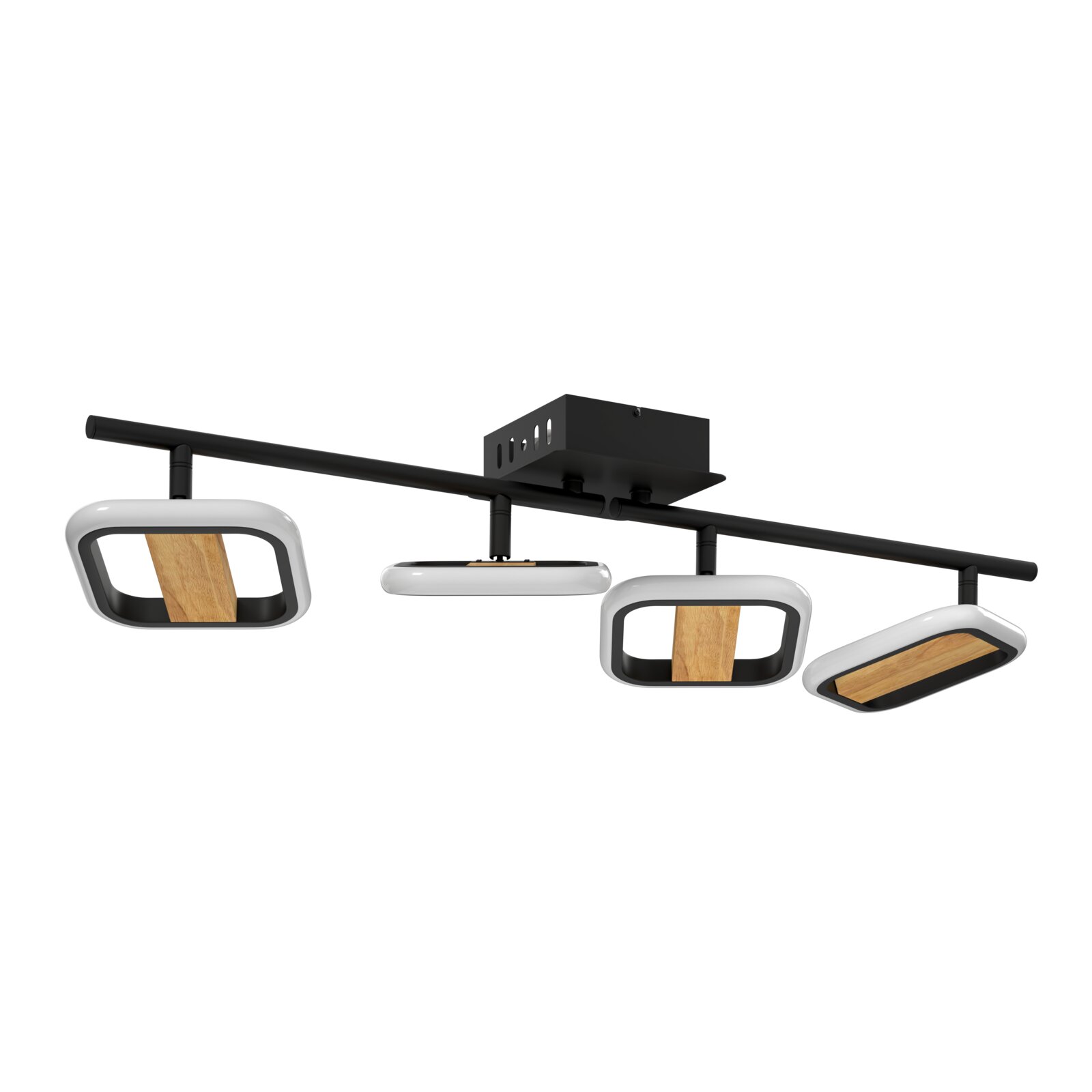 Moderne Deckenleuchte mit schwarzer Schiene und vier rechteckigen Lichtmodulen in Weiß/Schwarz mit Holzeinsatz, perspektivische Ansicht schräg von unten