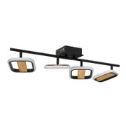 Moderne Deckenleuchte mit schwarzer Schiene und vier rechteckigen Lichtmodulen in Weiß/Schwarz mit Holzeinsatz, perspektivische Ansicht schräg von unten