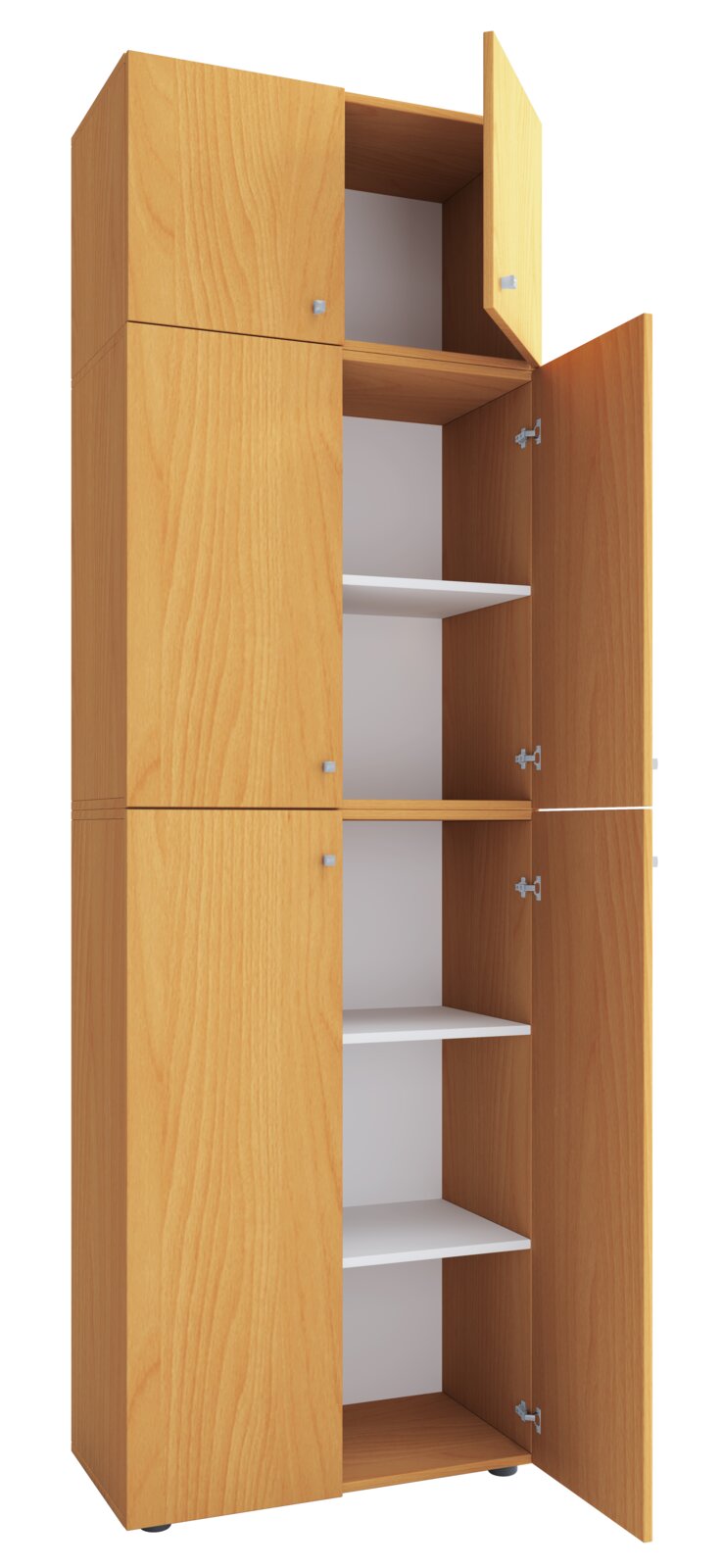 Hoher Holzschrank in heller Buche-Optik mit geöffneten Türen und mehreren weißen Einlegeböden, freigestellt auf weißem Hintergrund, perspektivische Ansicht schräg von vorne