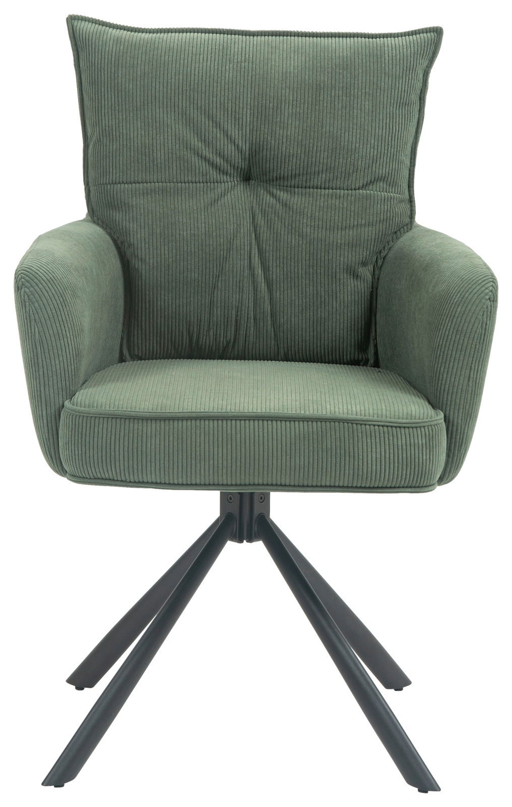 Grüner Sessel mit geripptem Stoffbezug und schwarzem Metallgestell, Frontalansicht
