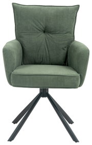 Groene fauteuil met geribbelde stoffen bekleding en een zwart metalen frame, vooraanzicht